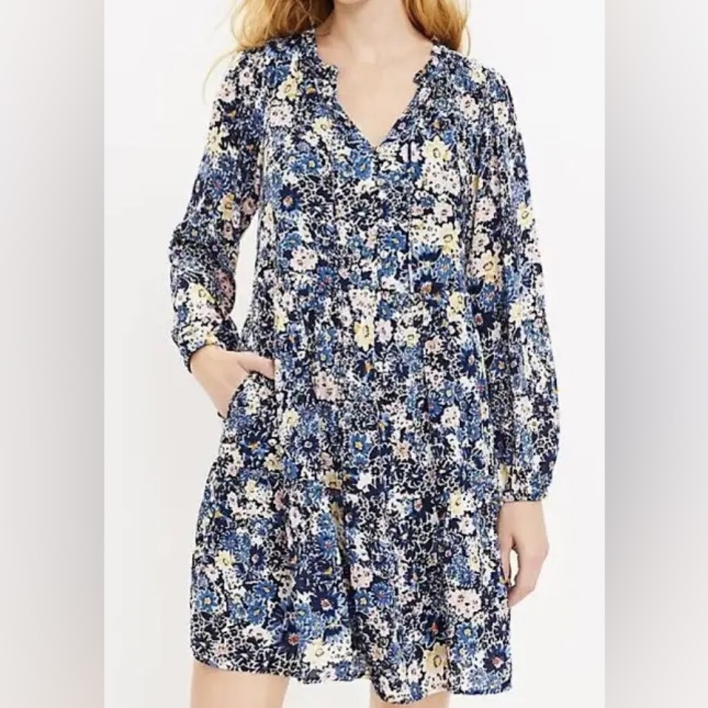 LOFT NWT Desert Garden Tiered Pocket Dress, Blue Floral, Small